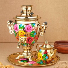 Набор Цветы на золотом, желудь, 3 предмета, самовар 3 л, заварочный чайник 0,7 л, поднос No Brand