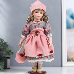 Кукла коллекционная керамика "Кристина в розово-сером платье с цветами, с сумкой" 40 см No Brand