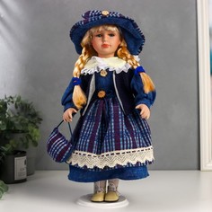 Кукла коллекционная керамика "Сашенька в ярко-синем наряде в клетку" 40 см No Brand