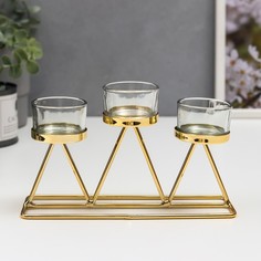 Подсвечник металл, стекло на 3 свечи Треугольники золото 20х6х10 см No Brand