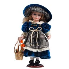 Кукла коллекционная керамика "Тася в барх.синем платье с передник-клетка, с корзиной" 30 с No Brand