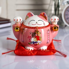 Копилка керамика Кот манэки-нэко розовый с колокольчиками 10,5х13,5х9 см No Brand