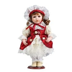 Кукла коллекционная керамика "Мила в красно-белом платье и чепчике" 30 см No Brand