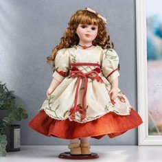 Кукла коллекционная керамика "Оля в платье с цветами и бордовой нижней юбкой" 40 см No Brand