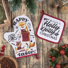 Новогодний набор кухонный Happy new taste: варежка-прихватка 20х28 , прихватка 17х17 Доляна