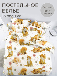 Комплект постельного белья 1,5-спальный, перкаль, Рыжие котята Ивановотекстиль