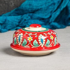 Масленка Риштанская Керамика Узоры, 13 см, красная No Brand