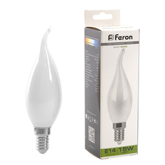 Лампочка светодиодная FERON арт.38262, LB-718, 15W, 230V, E14, 4000К, свеча, уп. 5 шт.
