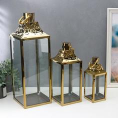Подсвечник металл, стекло фонарь"Завитки"золото н-р 3 шт 55х18х18 37,5х14,5х14,5 26х10х10 No Brand