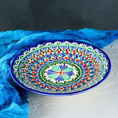 Тарелка Риштанская Керамика "Цветы", 22 см, синяя Shafran