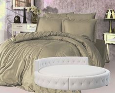 Простыня Maktex круглая из страйп-сатина на резинке 210x210x20 Миндаль 1х1