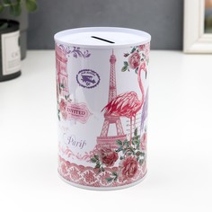 Копилка металл банка "Фламинго, цветы и Париж" МИКС 12х8х8 см No Brand