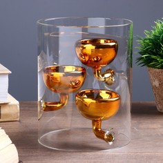 Подсвечник стекло на 3 свечи Цилиндр с чашами прозрачный с золотом 15х11,8х11,8 см No Brand