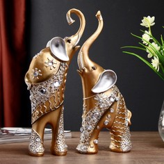 Сувенир полистоун "Золотистые слоны с белыми стразами" набор 2 шт 28,5х21х8,3 см No Brand