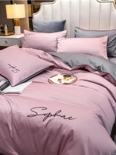 Комплект постельного белья MENCY Сатин-жатка евро наволочки 50x70 70x70 Серо/розовый