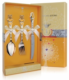 Набор детский "Мишка с сердечками" из серебра с позолотой (ложка + вилка + нож) АргентА