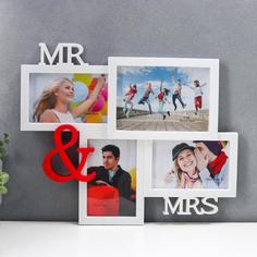 Фоторамка пластик на 4 фото 10х15, 13х18 см "Mr&Mrs" белая 40х33х2 см No Brand