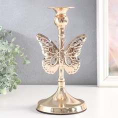 Подсвечник металл на 1 свечу Ажурная бабочка d-2,5 см золото 11х11х20,5 см No Brand