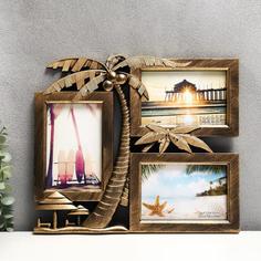 Фоторамка на 3 фото 10х15 см Пальма с кокосами золото 28х33 см No Brand