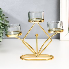Подсвечник металл, стекло на 3 свечи "Ромб. Шарики" d-4,5 см золото 18,5х5х15,5 см No Brand