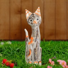 Сувенир дерево "Кошка серая с цветком" 30х10х3 см No Brand