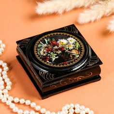 Шкатулка "Цветы" с накладкой, 10?10 см, лаковая миниатюра No Brand
