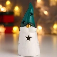 Сувенир керамика свет "Дедушка Мороз, зелёный колпак, золотой нос, звёзды" 12,5х5,5х5,5 см No Brand