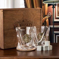 Набор бокалов для виски лев и львица царские в деревянной коробке с костерами Город Подарков