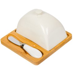 Масленка керамика, на бамбуковой подставке с ножом, Y6-6469 No Brand