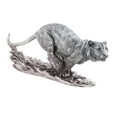 Скульптура Ломоносовский фарфор СПБ БФ148/4 Тигр в прыжке, серебристый. Полистоун. 21 см.