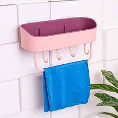Настенная полка Solmax для ванной с крючками, 27x4,5x14 см, пудровый