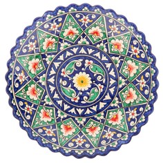 Тарелка Риштанская Керамика Цветы синяя рельефная 25 см No Brand
