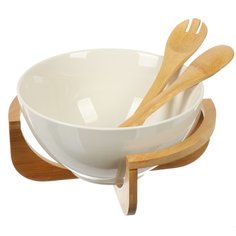 Салатник керамика круглый 23х11 см 2.5 л 4 предмета на бамбуковой подставке Y4-6273 No Brand