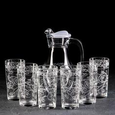 GiDGLASS Набор питьевой с гравировкой «Флора», 7 предметов: графин 1 л, стаканы 230 мл, 6