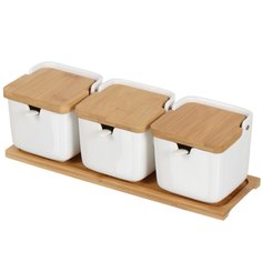 Банка для сыпучих продуктов 0.26 л 30х9.8 см 3 шт с крышкой с ложкой бамбуковая подставка No Brand