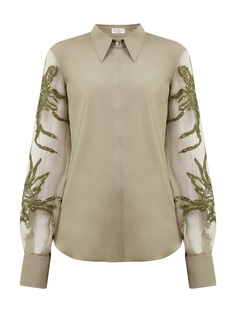 Блуза из хлопка и органзы с вышивкой Marine Flower Brunello Cucinelli
