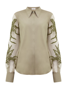 Блуза из хлопка и органзы с вышивкой Marine Flower Brunello Cucinelli