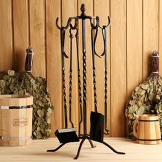 Каминный набор кованый "Спирали", цвет бронза, 4 предмета: кочерга, щипцы, совок, метёлка No Brand