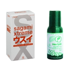 Набор: Презервативы SAGAMI Xtreme 0.04 мм 15 шт. + Смазка на водной основе 100 мл