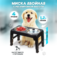 Миска на подставке для кошек и собак Solmax двойная, 44х24х8-30 см, черный