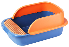 Туалет с бортиком, совком и порогом для кошек Bentfores, коралловый/сине-серый 45х30х18 см