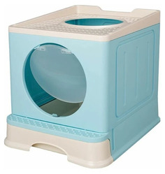 Туалет-домик Bentfores складной с выдвижным лотком и совком для кошек голубо-белый