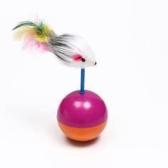 Мышь-неваляшка из натурального меха Пижон на шаре, 11х5 см фиолетовый,оранжевый