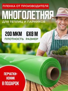 Пленка для теплиц многолетняя, 200 мкм, 6х8м, зеленый арт.149259392 No Brand