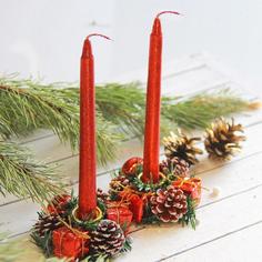 Свеча новогодняя с подсвечником "Красные шишки и подарки" (набор 4 шт) 4х13х17 см, красный Зимнее волшебство