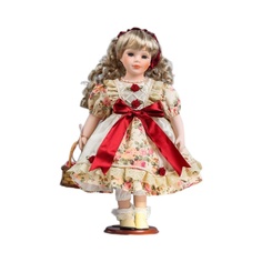 Кукла коллекционная КНР керамика, Алла в платье с бордовым бантом и корзиной 40 см