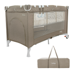 Манеж-кровать INDIGO Fortuna, лен, 2 уровня, москитка, 2 кольца, бежевый