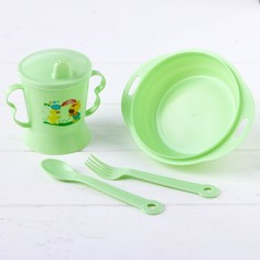 Набор детской посуды, 4 предмета: миска, ложка, вилка, поильник с твердым носиком 200 мл, No Brand
