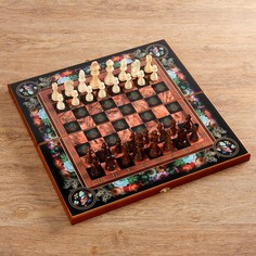 Настольная игра 3 в 1 Цветы: шахматы, шашки, нарды (доска дерево 50х50 см) No Brand