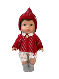 Кукла-пупс Nines DOnil Джой, шатен, в красной кофте и шапке, 37 см, арт. 1020